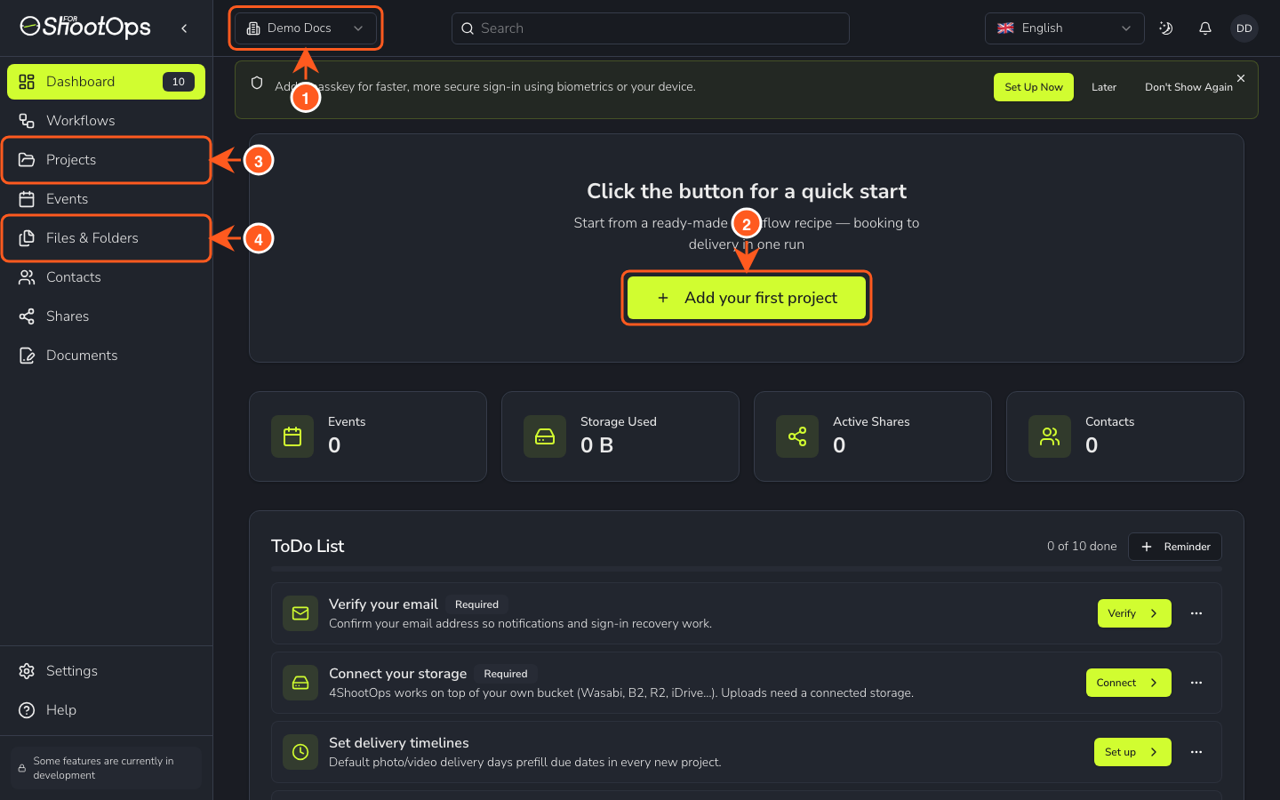 4ShootOps dashboard — projects, files, shares, and contacts in one workspace