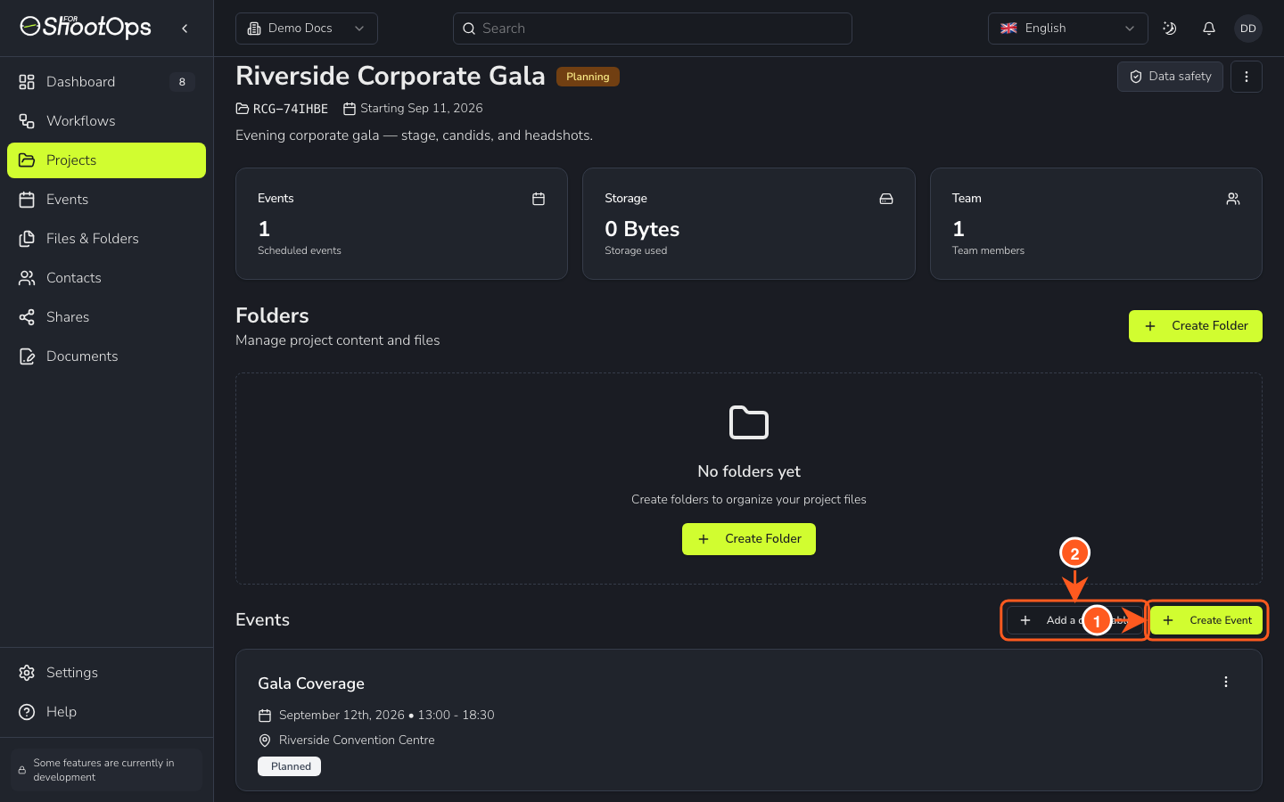 A shoot's project page in 4ShootOps showing events, folders, and team