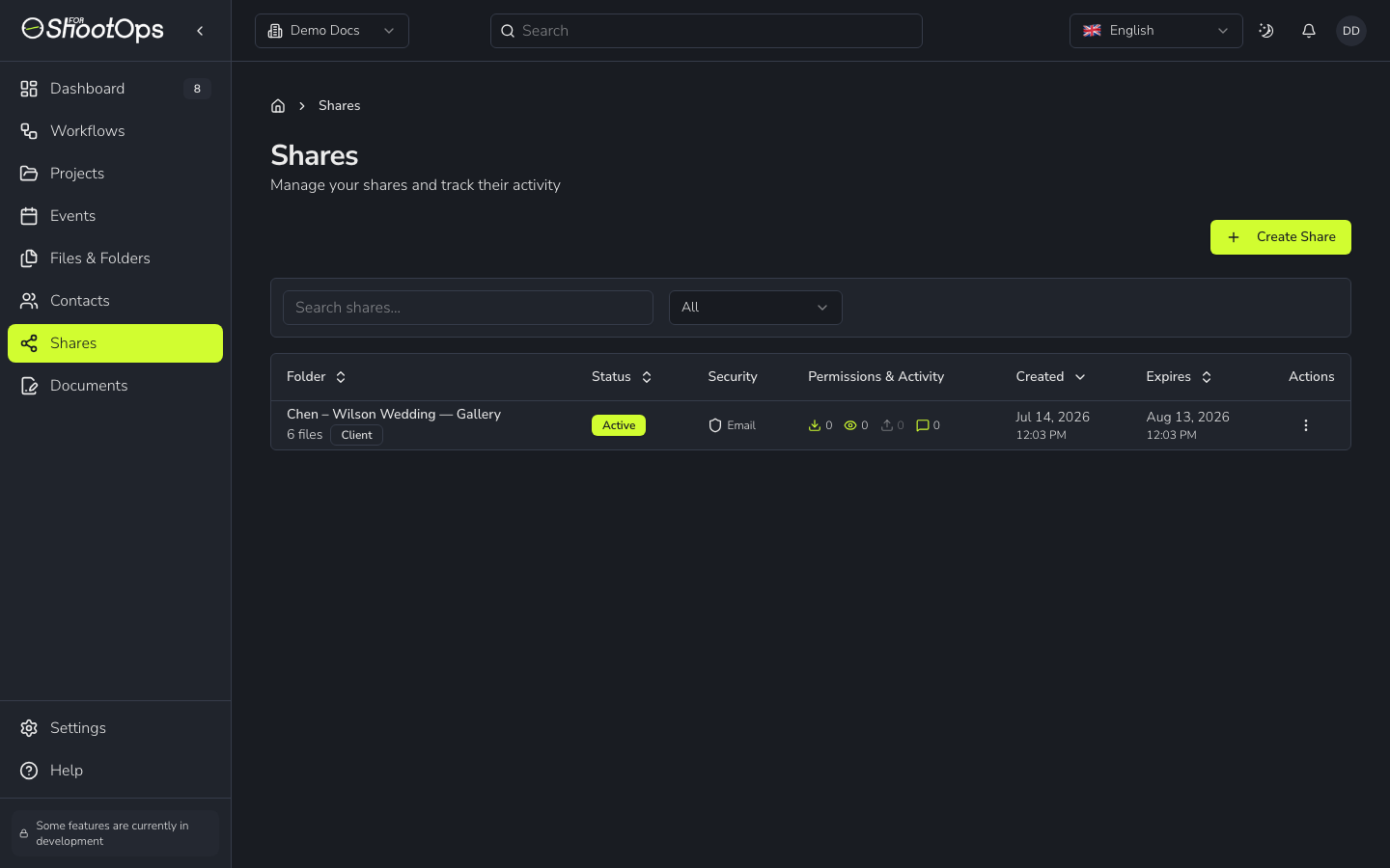 The Shares screen in 4ShootOps listing a client gallery with its security and activity