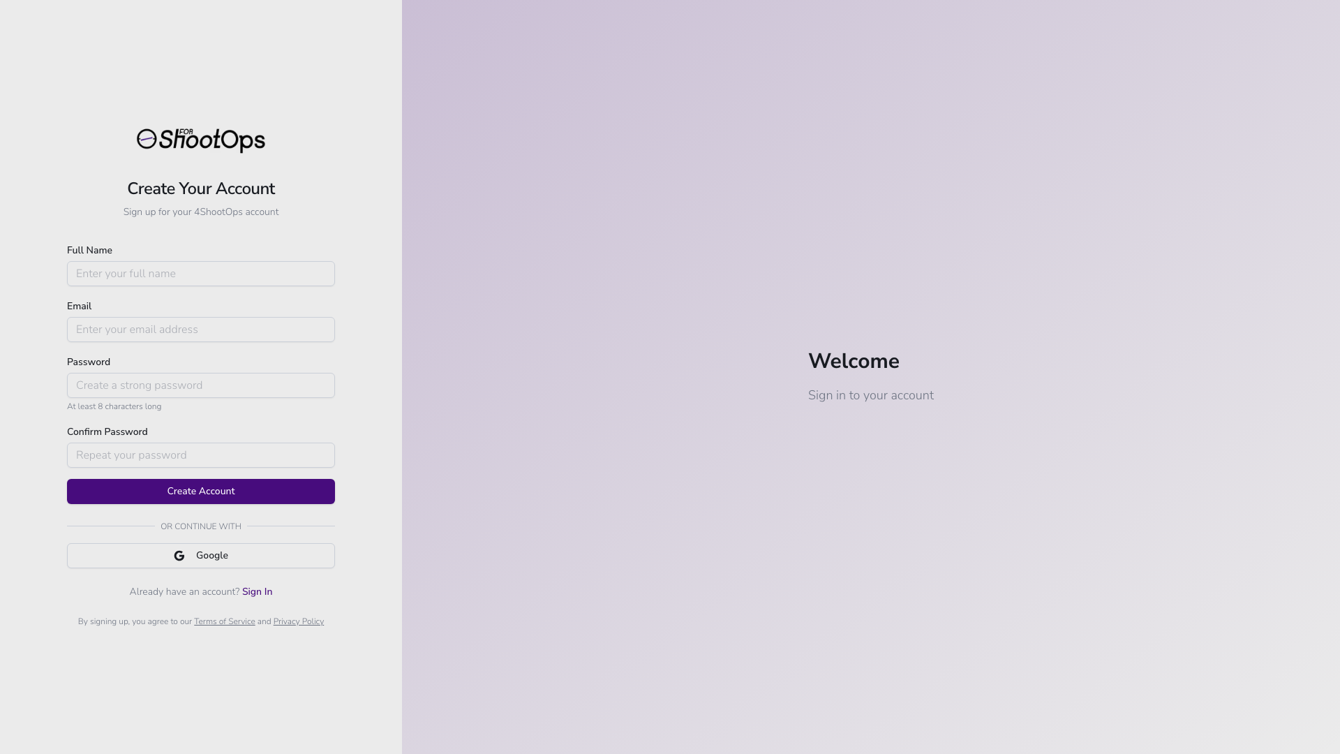Formulario de registro vacío con campos de nombre, email y contraseña
