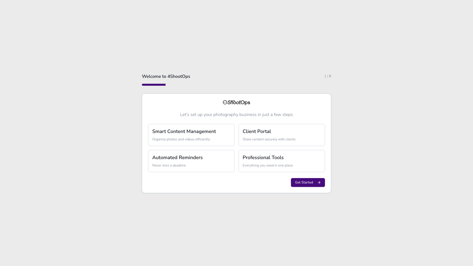Pantalla de bienvenida a 4ShootOps