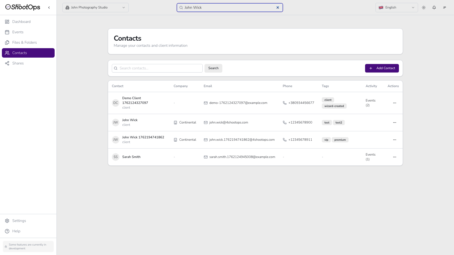 Búsqueda de contacto filtrando resultados
