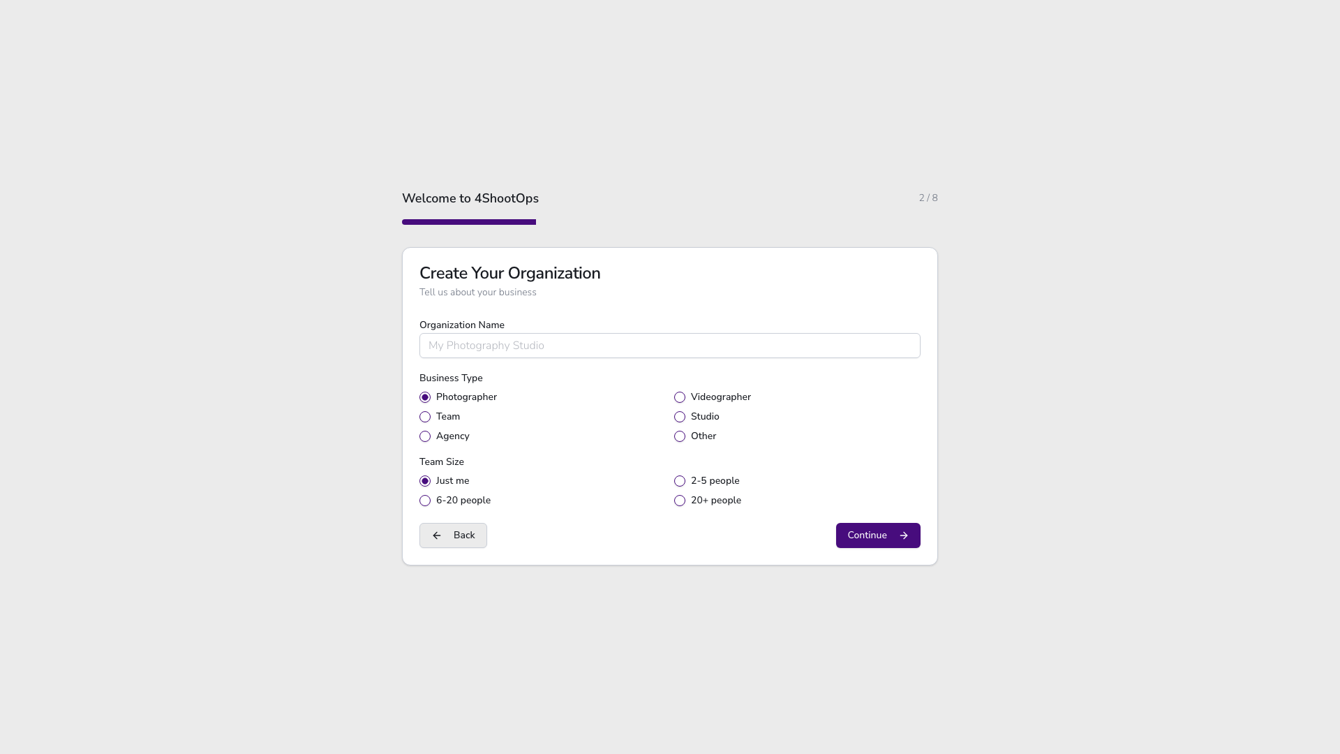 Formulario de configuración de organización vacío