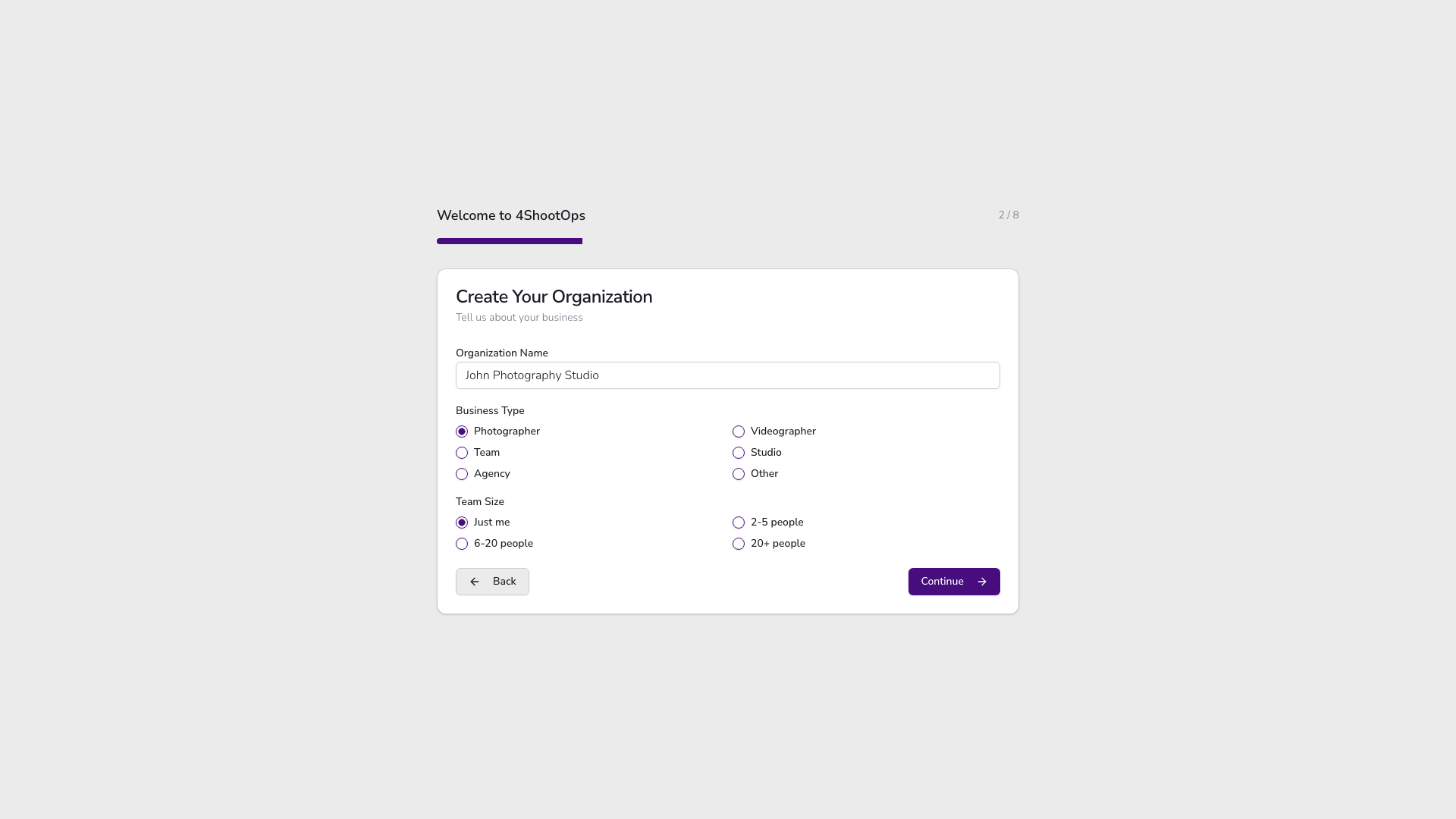 Formulario de organización completado con detalles del estudio