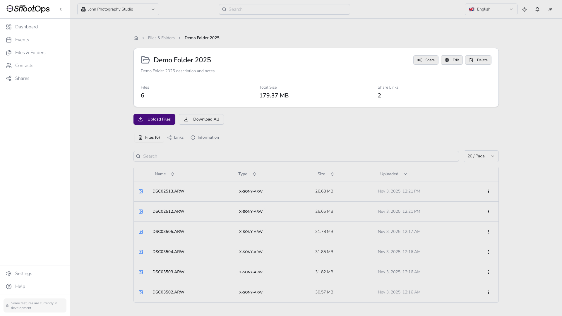 Página de carpeta con botón Compartir