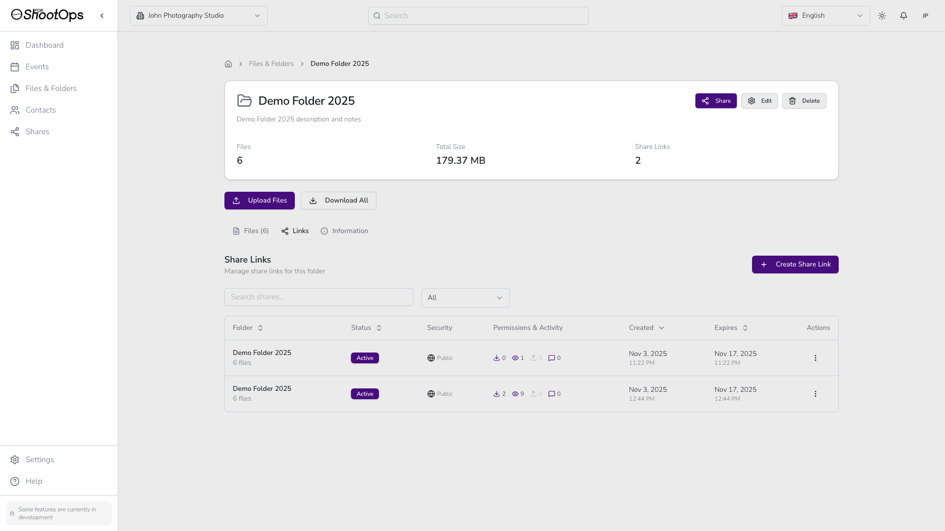 Diálogo de Enlaces Compartidos mostrando compartidos existentes