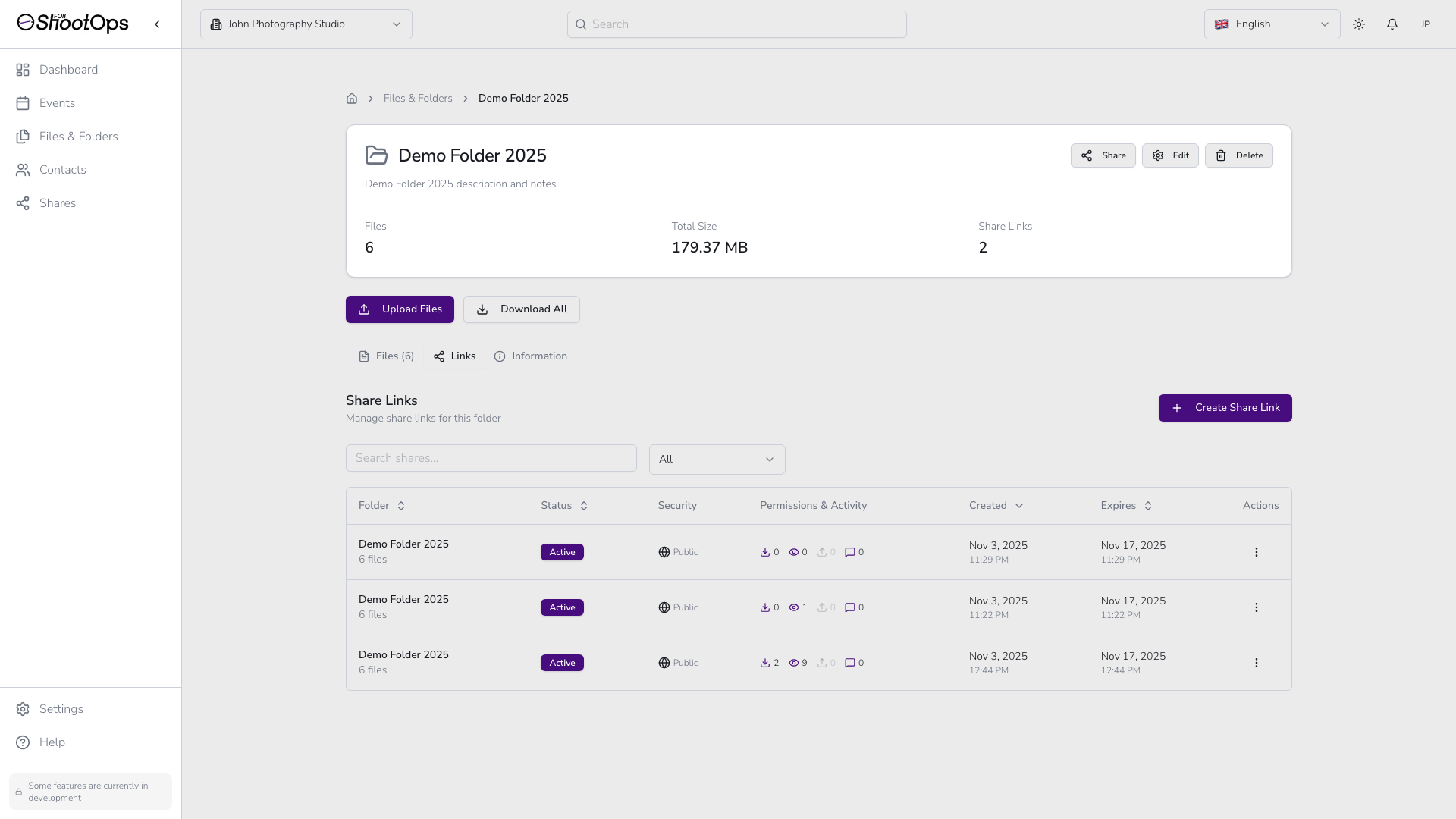 Tabla de Enlaces Compartidos con compartido recién creado