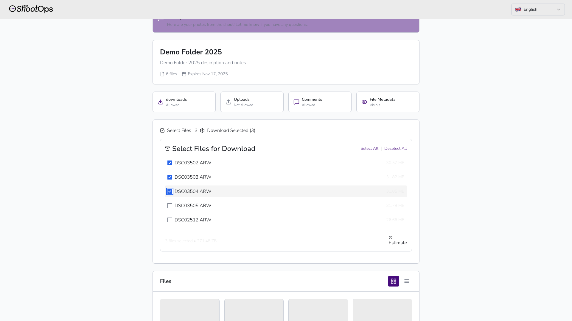 Modo de selección con archivos marcados