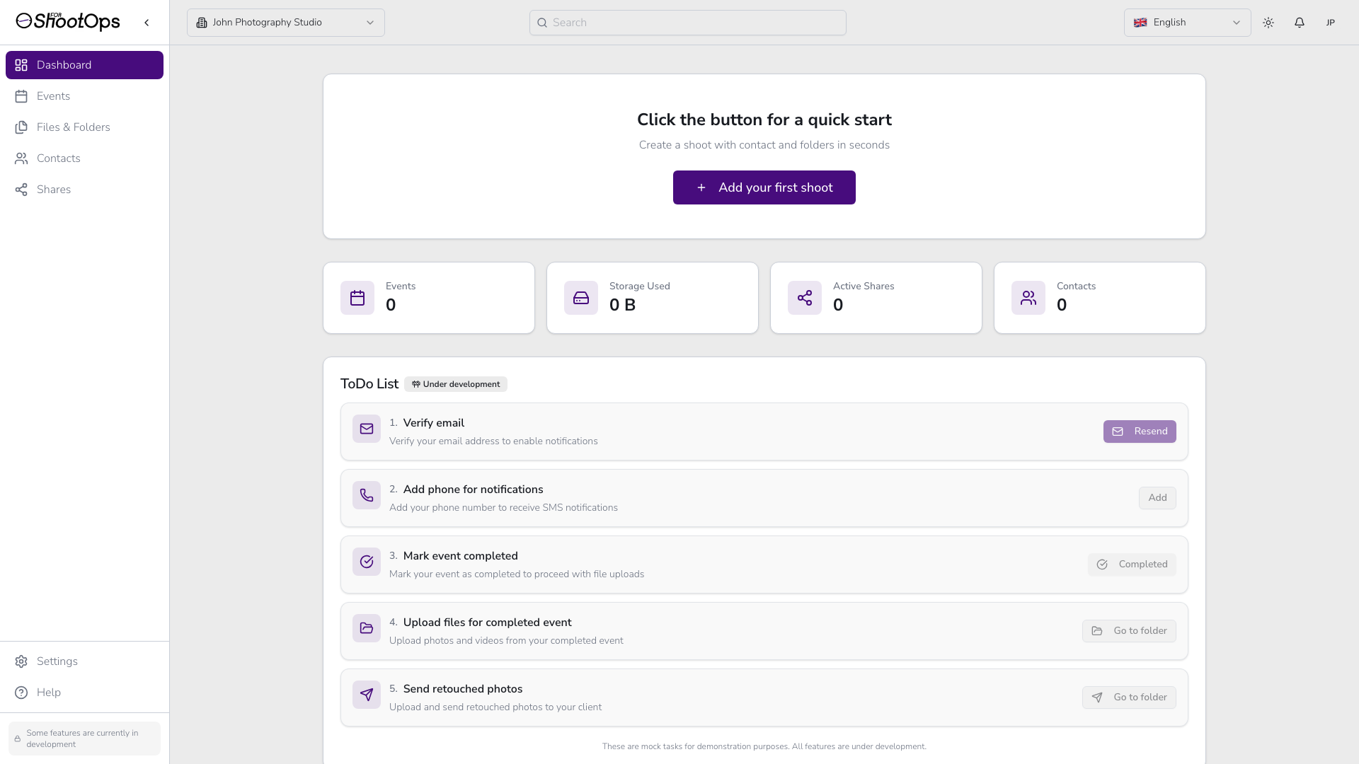 Panel de 4ShootOps después de la configuración inicial