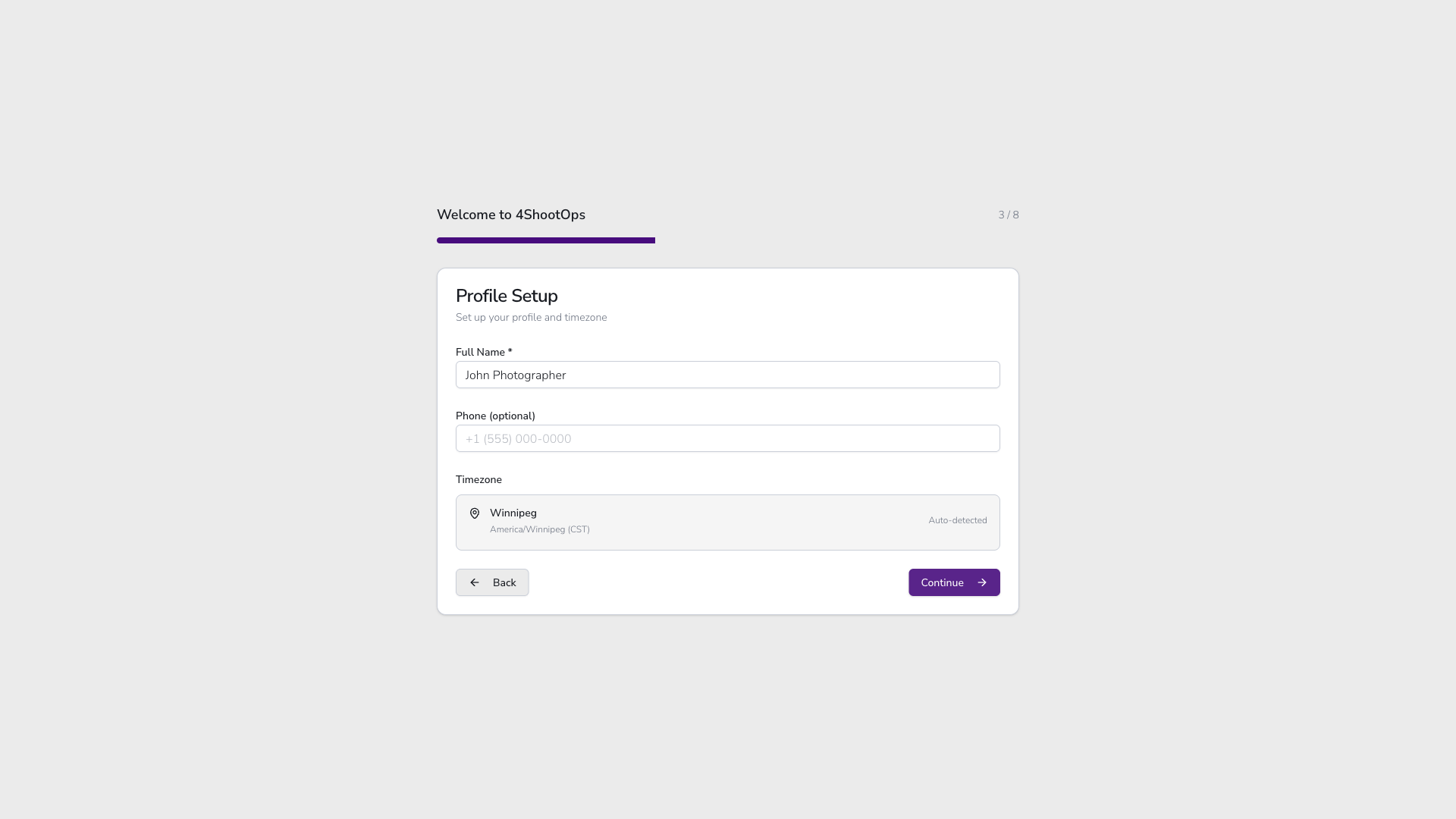 Configuración de perfil con selección de zona horaria