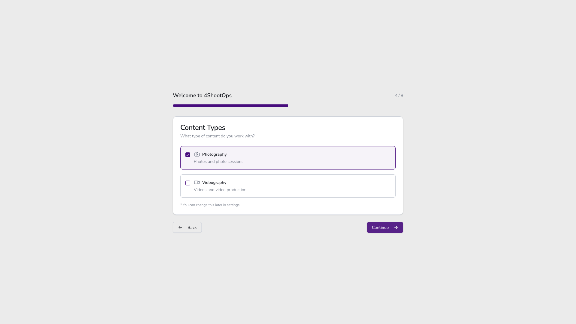 Selección de tipo de contenido