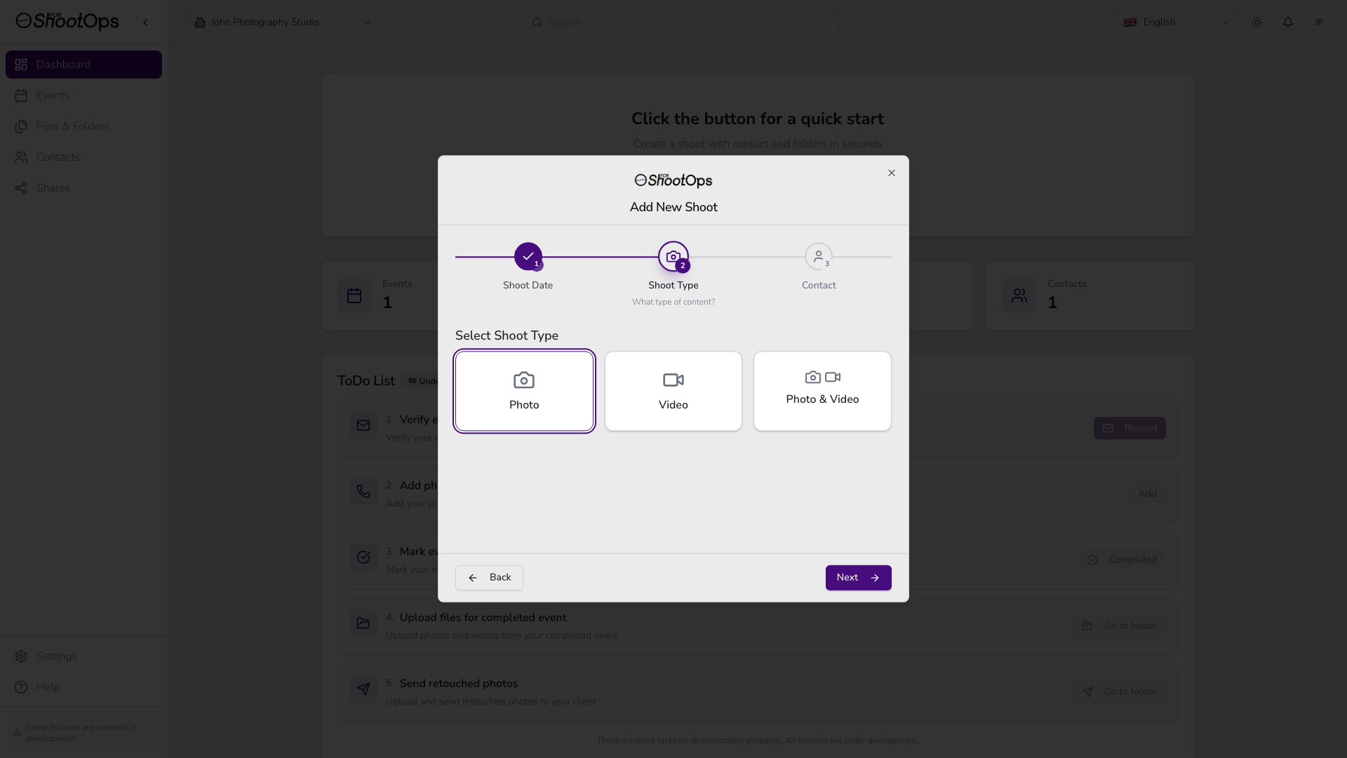Selección de tipo de sesión del asistente
