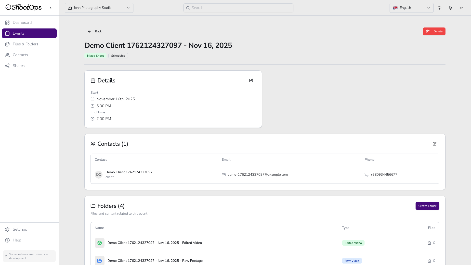 Página de evento creado mostrando detalles, contactos y 4 carpetas