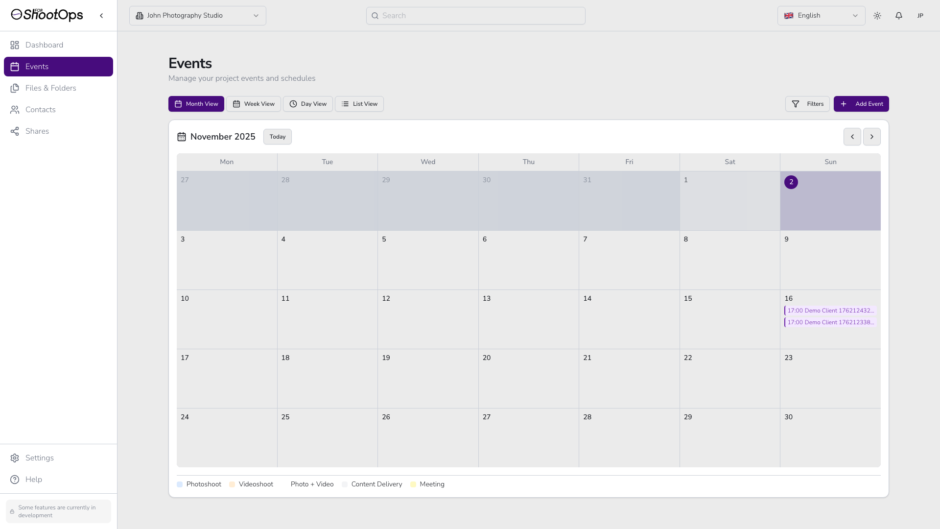 Calendario de eventos con vistas Mes/Semana/Día/Lista