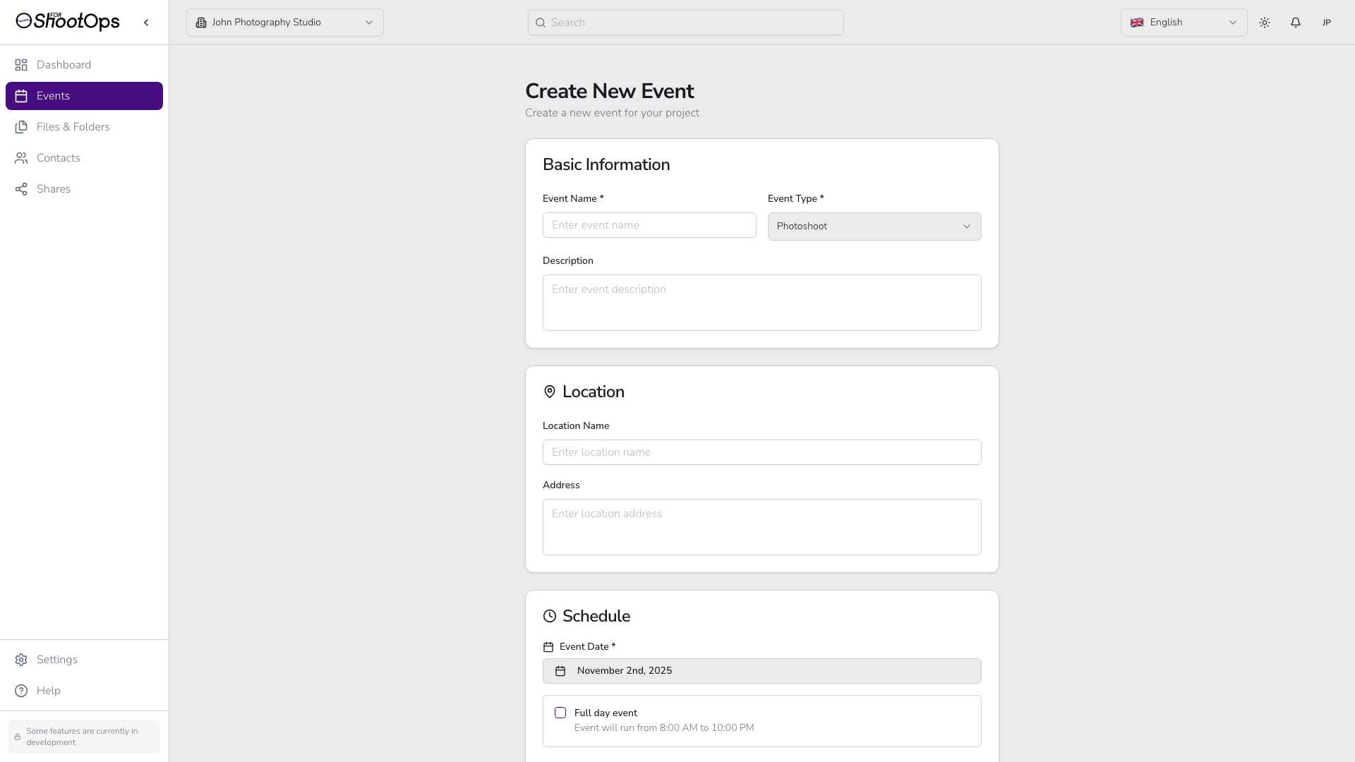 Formulario de crear evento vacío mostrando todas las secciones