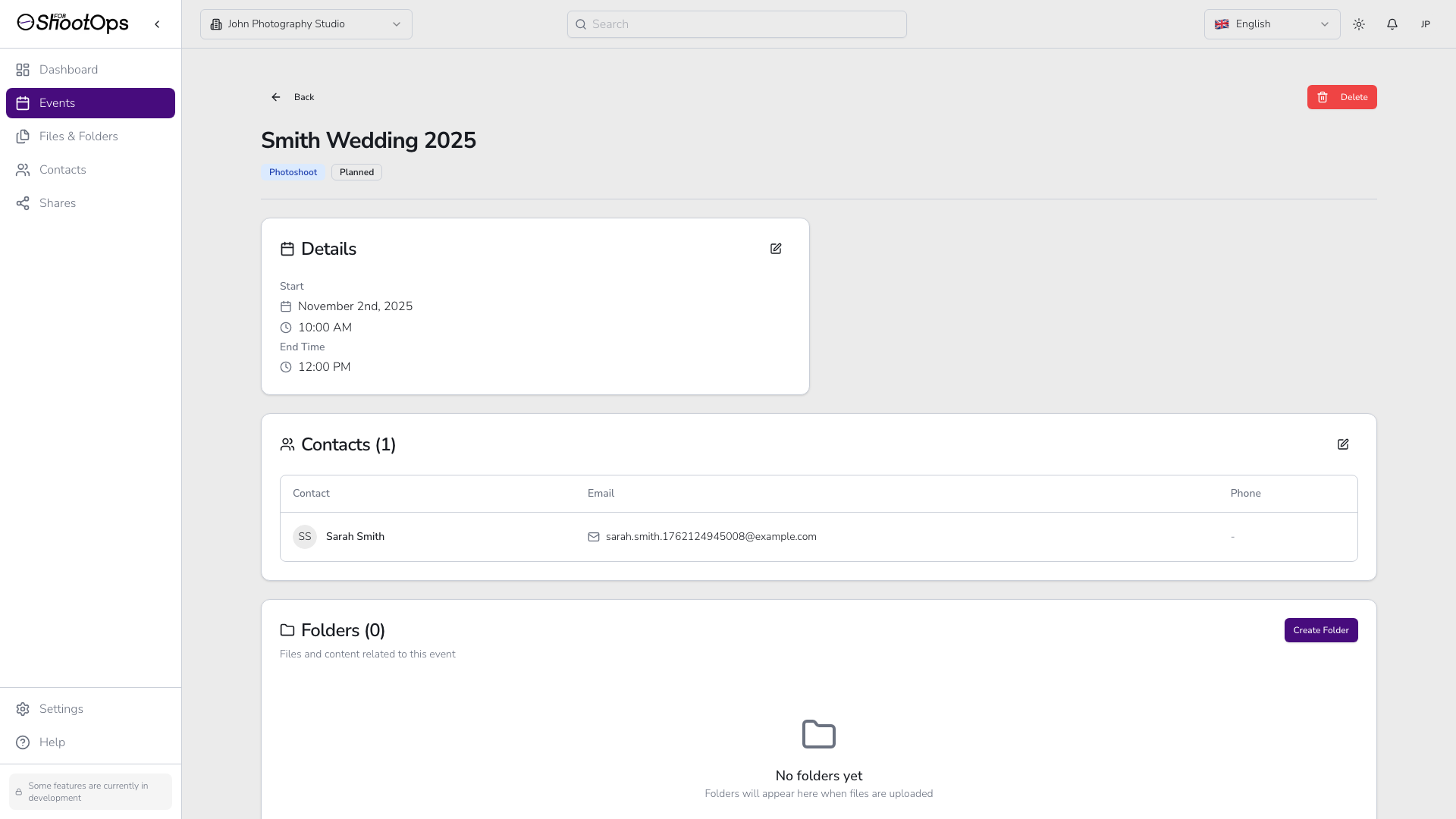 Página de evento creado mostrando sección de carpetas vacía