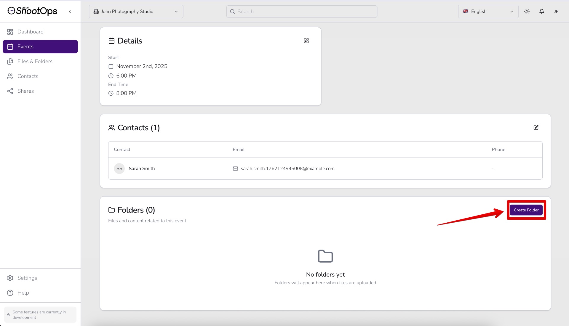 Botón Crear Carpeta en la página del evento