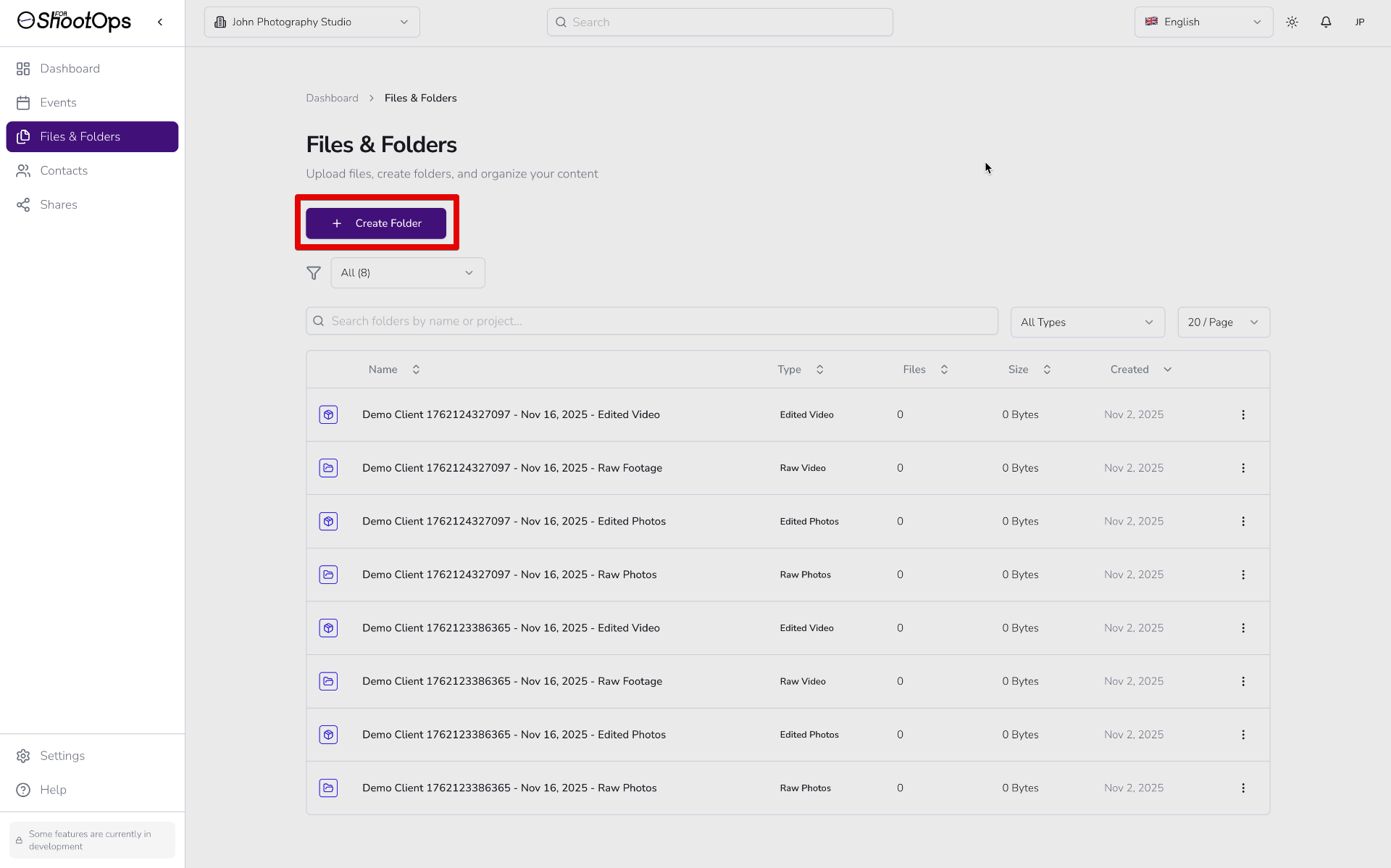 Página Archivos y Carpetas con carpetas existentes