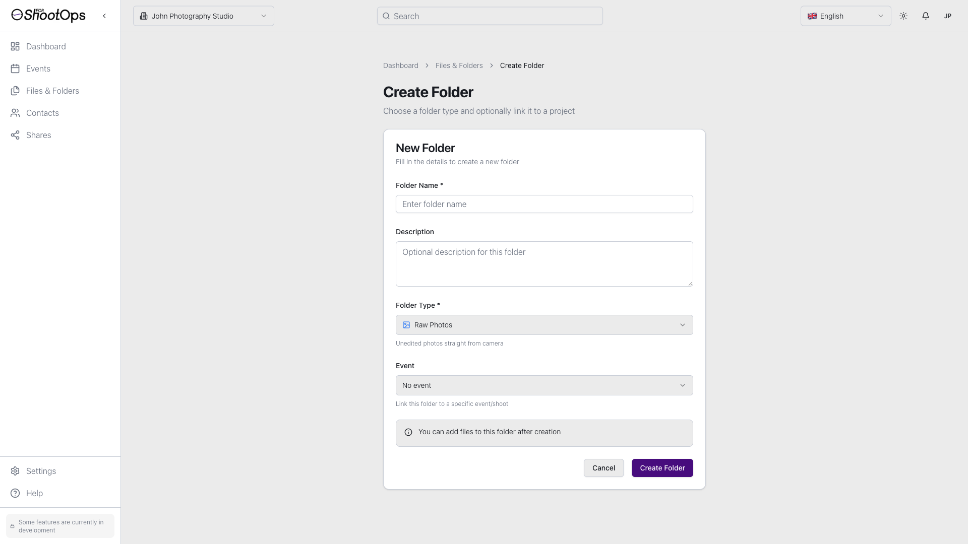 Formulario de crear carpeta vacío