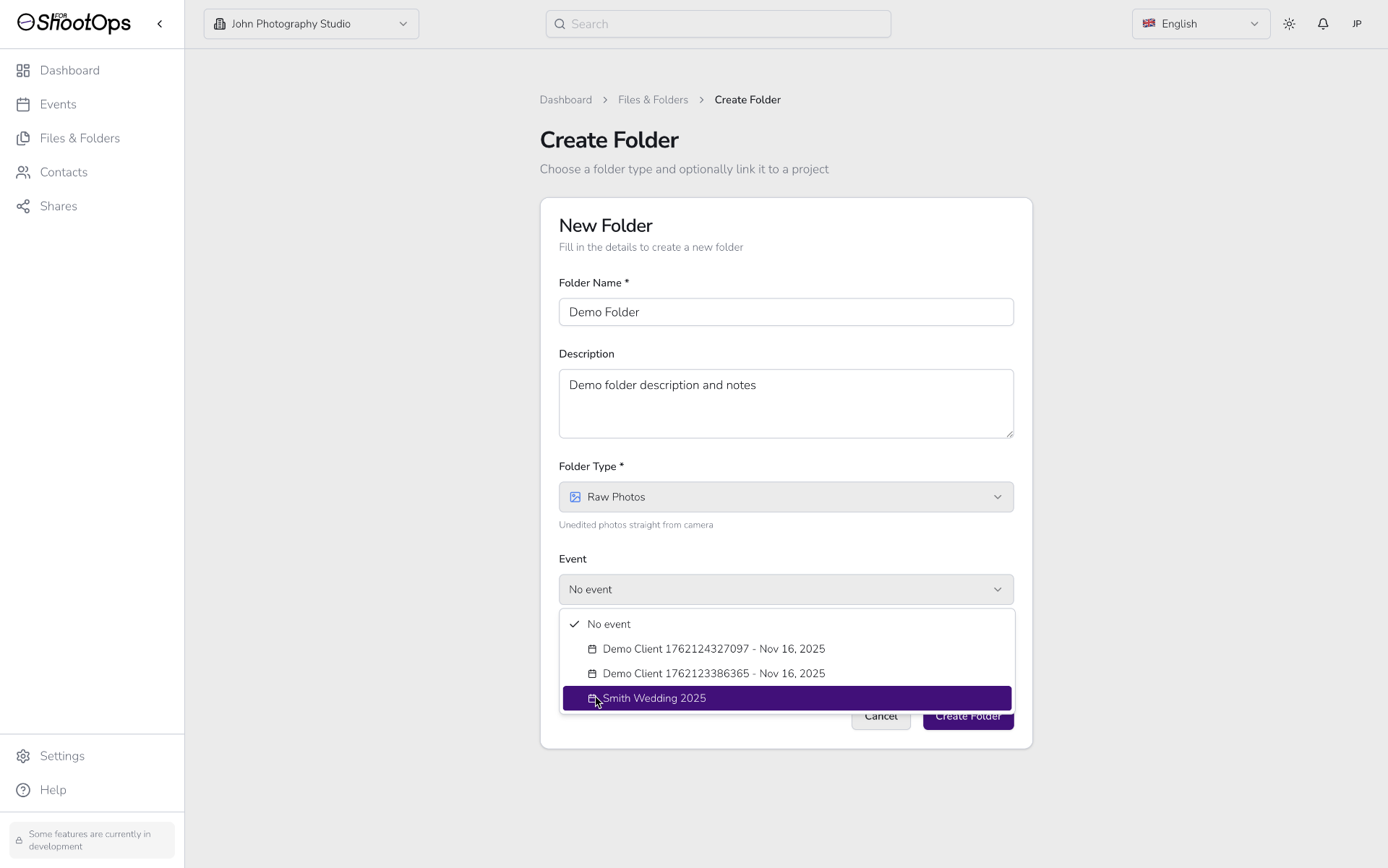 Menú desplegable de evento mostrando eventos disponibles