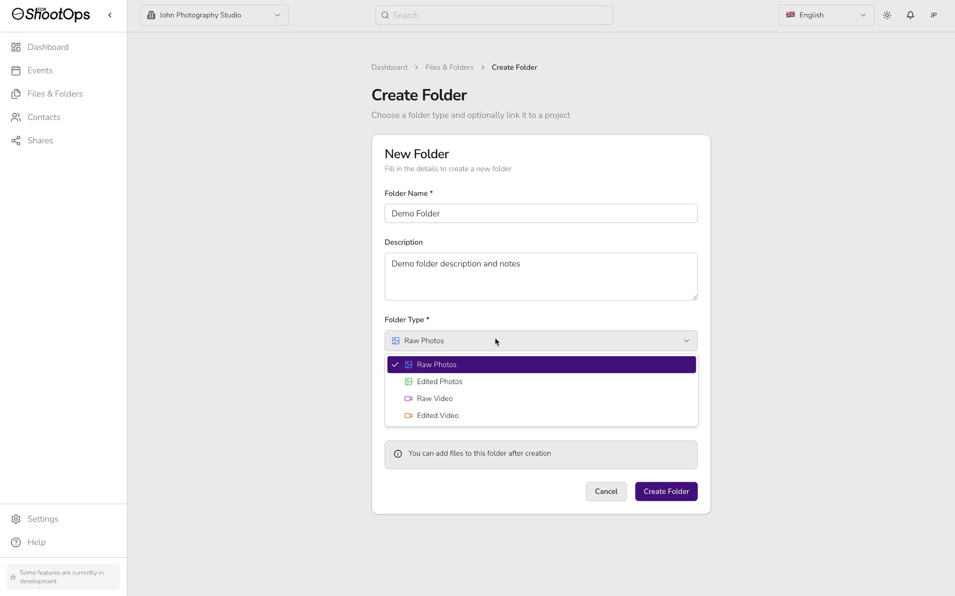 Menú desplegable de tipo de carpeta mostrando 4 opciones