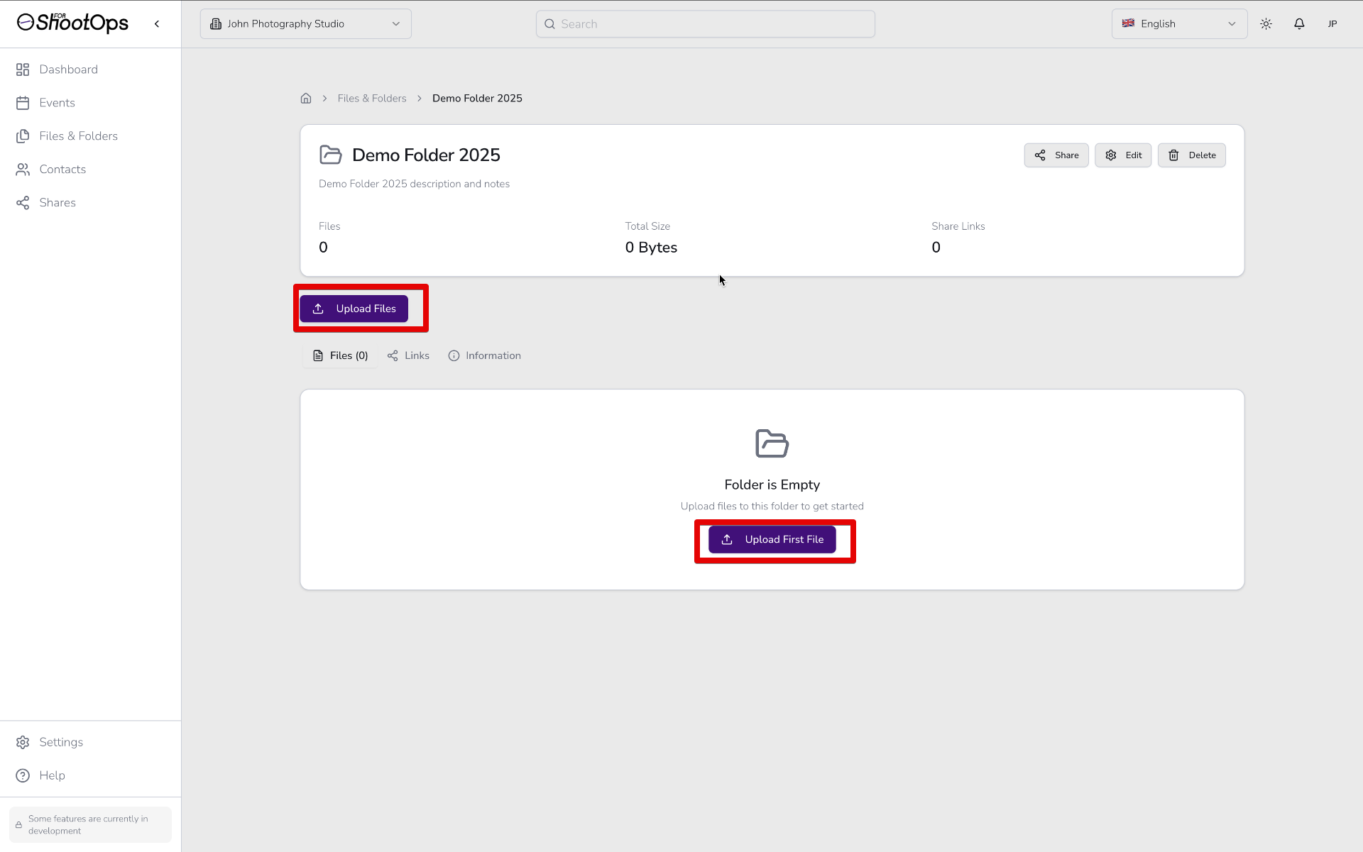 Carpeta vacía con botón Subir Archivos