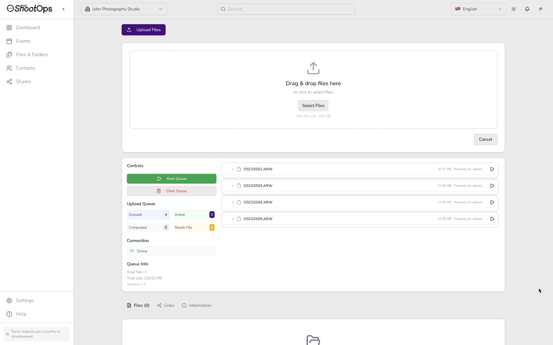 Cola de carga mostrando 6 archivos en cola